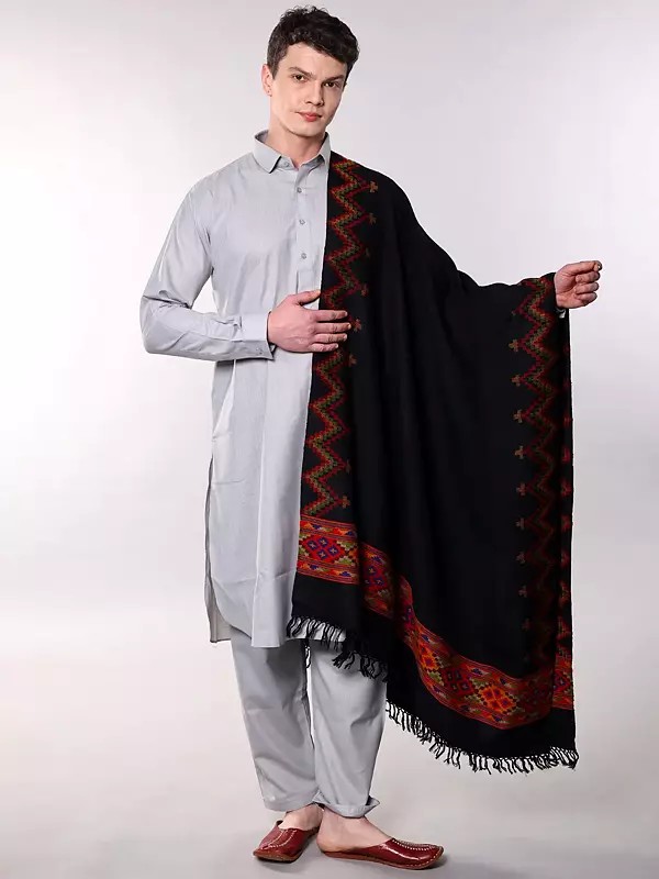 Mens Black Wool Shawl with Traditional Woven Border