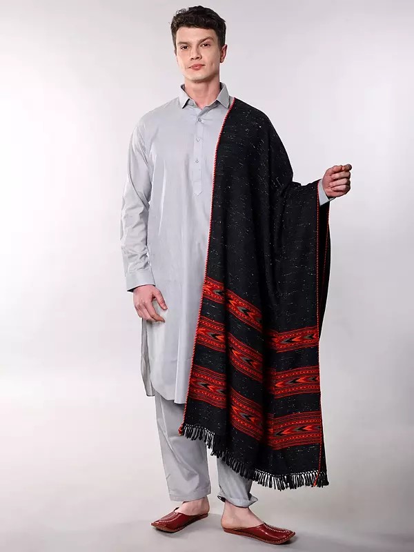 Men's Yak Wool Shawl with Multicolor Kinnauri Border