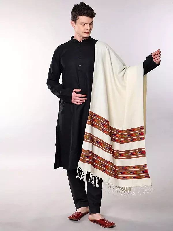 Cannoli-Cream Wool Stole with Kinnauri Woven Triple Border