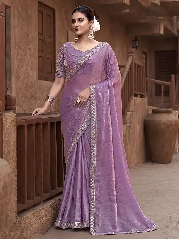 Opera-Mauve Satin Silk Hand Embroidery Work Border Solid Attractive Saree