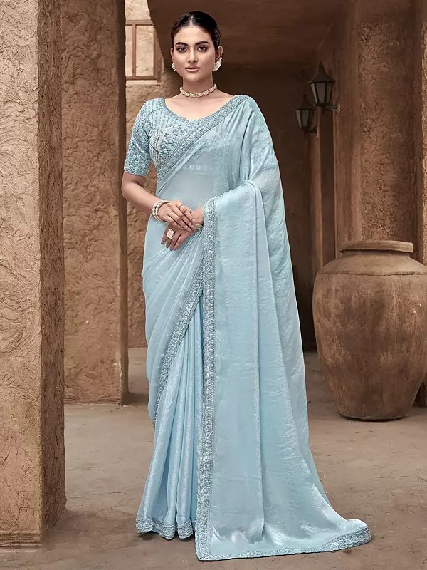 Powder-Blue Hand Embroidery And Sequins Work Border Solid Attractive Satin Silk Saree