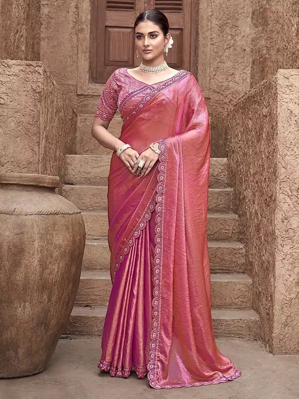 Rose-Pink Hand Embroidery Work Border Solid Designer Festive Wear Satin Silk Saree