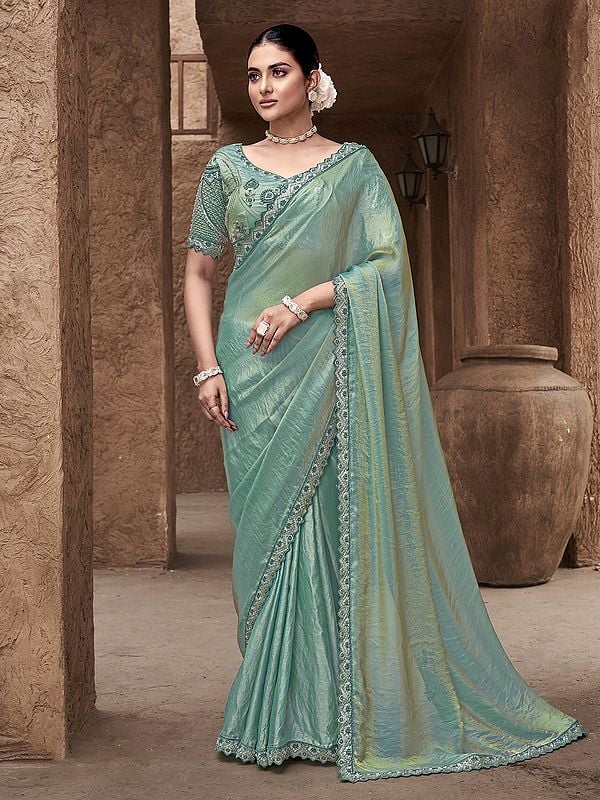 Summer-Green Hand Embroidery Work Satin Silk Festive Wear Saree With Blouse