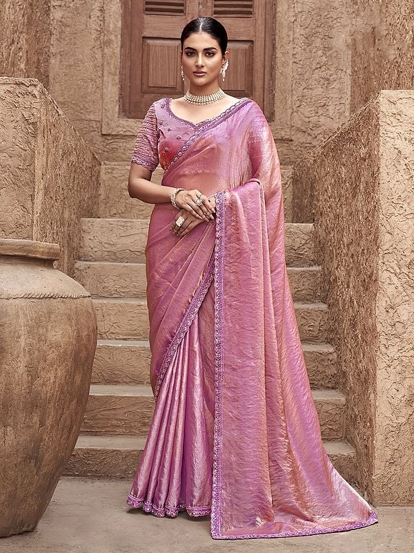 Light-Thulian-Pink Attractive Hand Embroidery Work Border Satin Silk Saree With Blouse