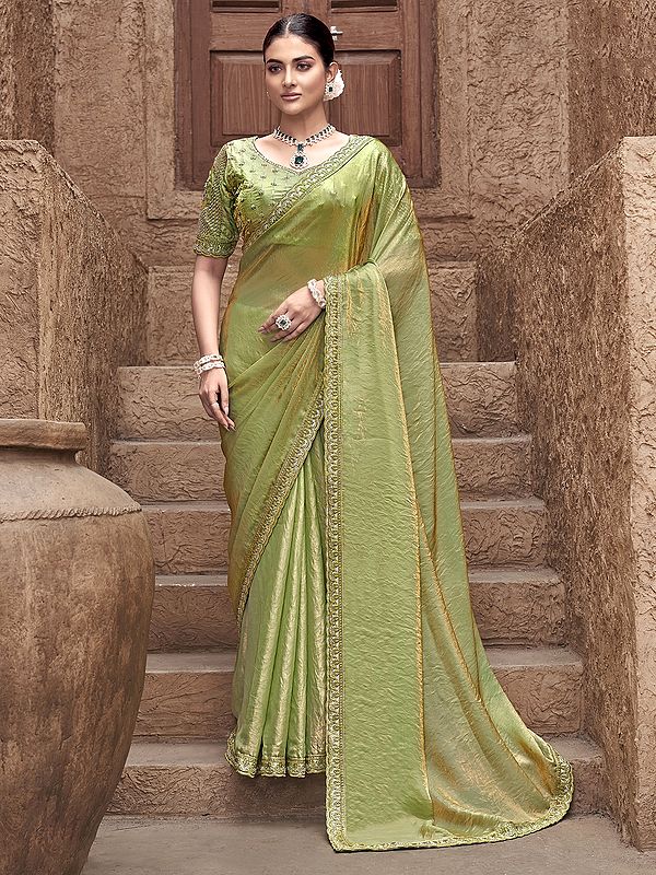 Pale-Olive Hand Embroidery Work Attractive Satin Silk Festive Wear Saree With Matching Blouse