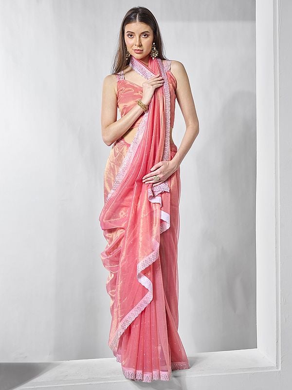 Salmon-Pink Sequins Work Border Attractive Party Wear Tissue Net Saree