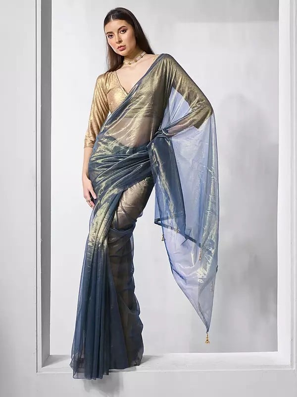 Solid Fancy Tissue Net Party Wear Designer Saree With Tassels Pallu