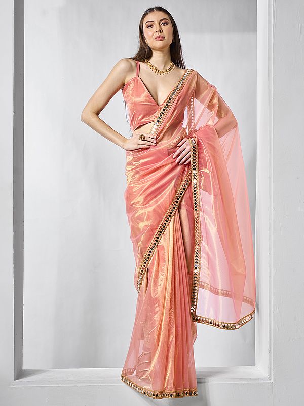 Coral-Pink Fancy Mirror Work Designer Border Tissue Net Party Wear Saree With Blouse