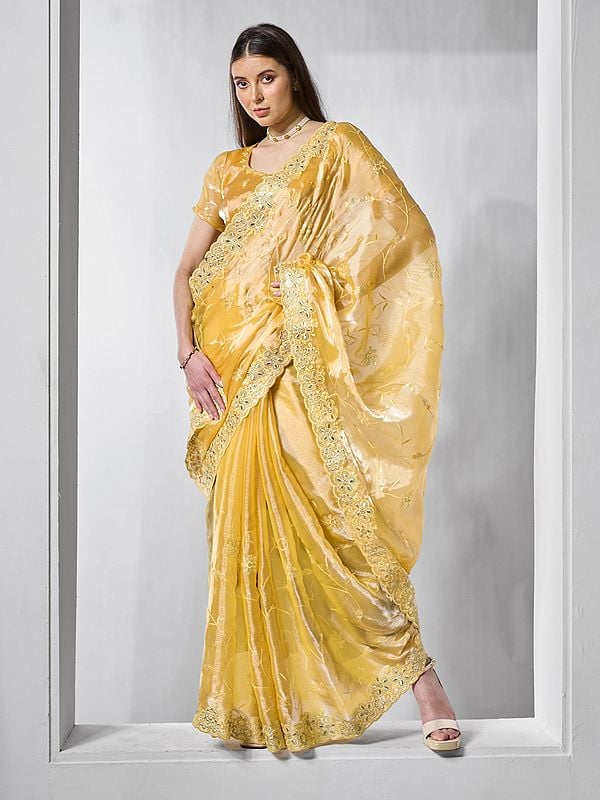 Designer Floral Embroidery Work Elegant Wedding Wear Burberry Silk Saree