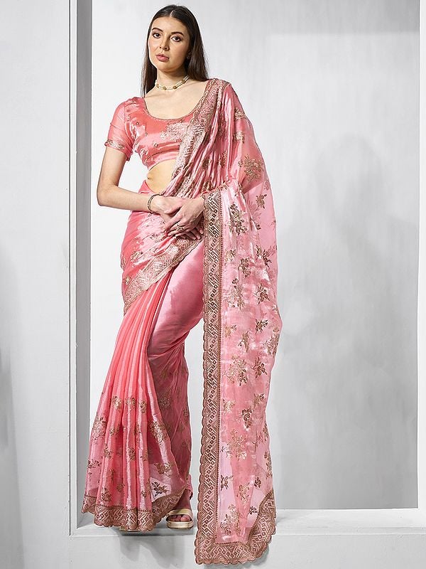 Salmon-Pink Burberry Silk Designer Embroidery Work Floral Party Wear Saree With Matching Blouse