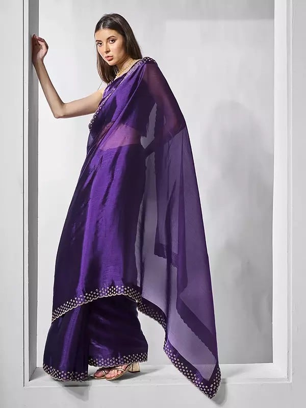 Honey-Flower Burberry Silk Embellished Stone Work Designer Party Wear Saree With Matching Blouse