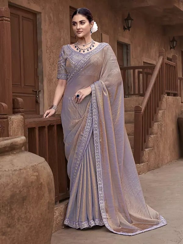 Languid-Lavender Hand Embroidery Work Border Satin Silk Festive Wear Saree