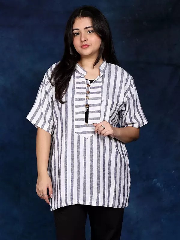 Stripe Woven Short Kurti with Front Pocket