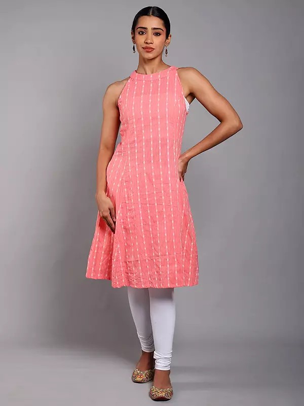 Cotton Sleeveless Straight Kurti with Woven Pattern and Side Pockets