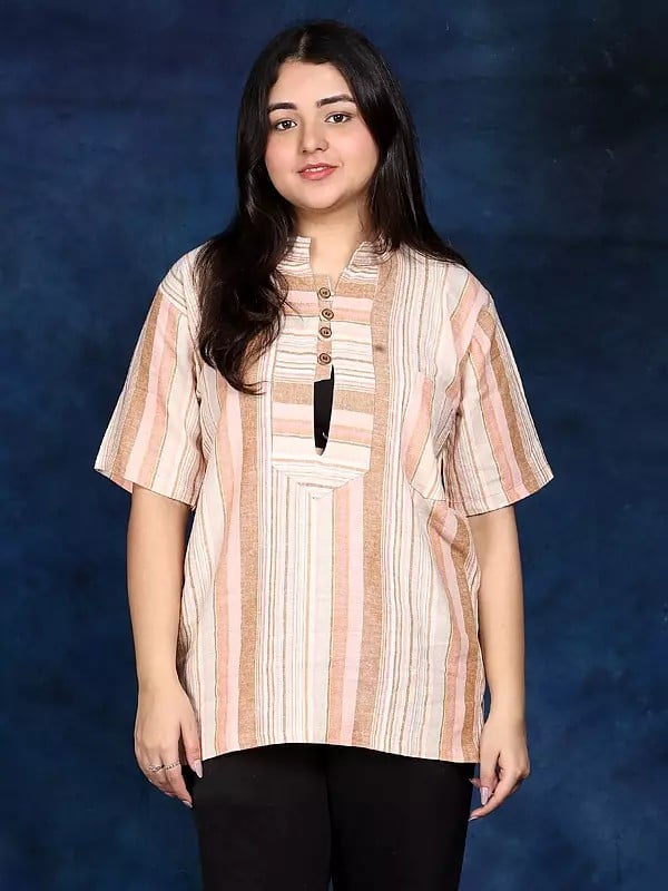 Rainbow Stripes Pattern Short Kurti with Front Pocket