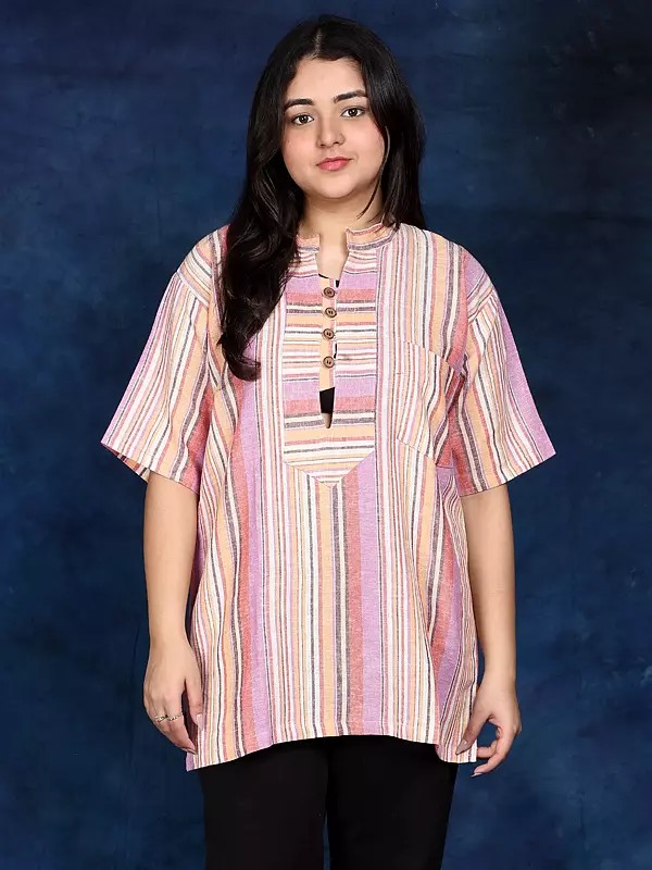 Rainbow Stripes Pattern Short Kurti with Front Pocket