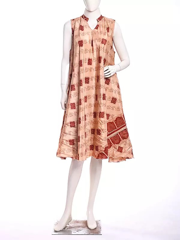 Double Layer Sleeveless Midi Dress with Printed Motifs