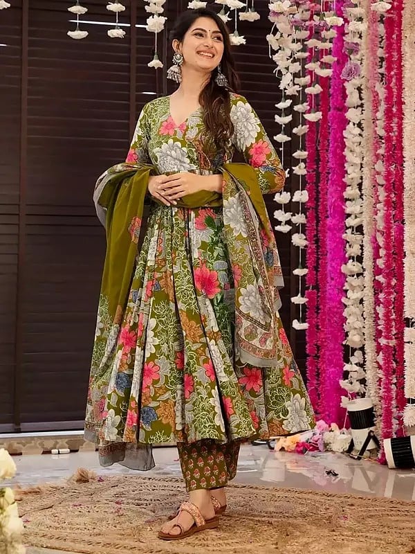 Greeny-Brown Fully Flared Heavy Digital Printed Pure Muslin Anarkali Style Kurti And Bottom With Dupatta