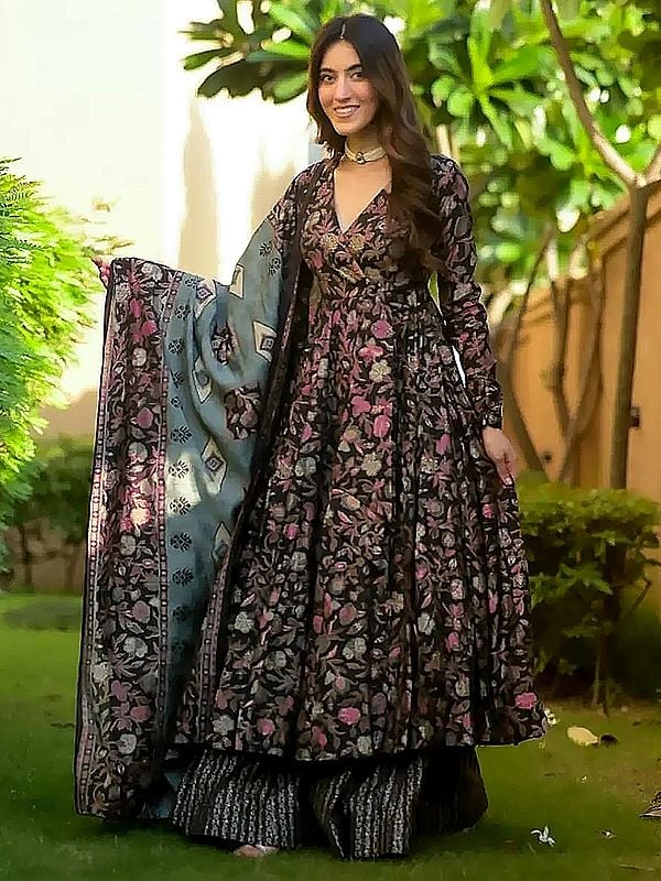 English-Walnut Pure Muslin Anarkali Style Fully Flared Heavy Digital Printed Kurti And Bottom With Dupatta