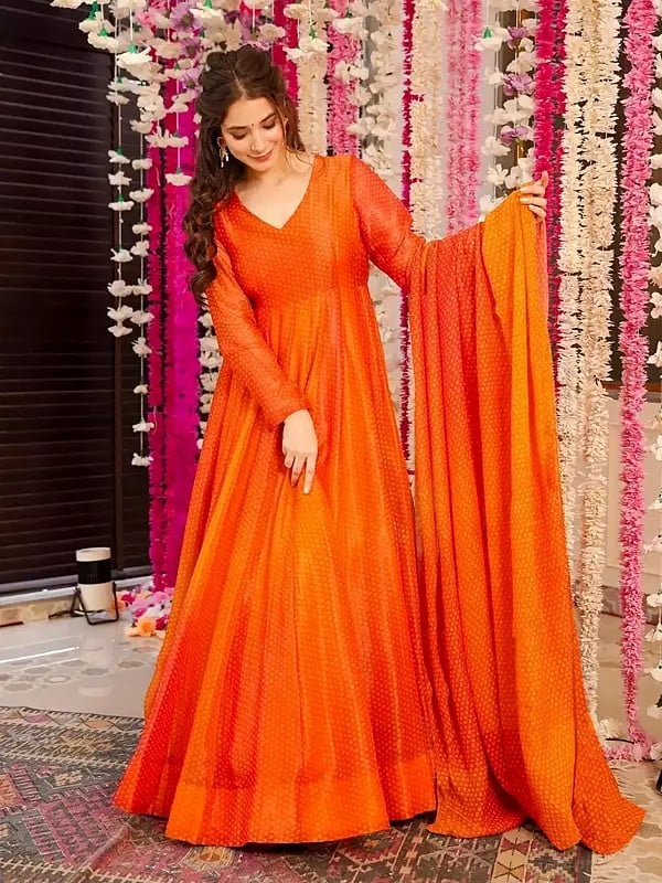 Blaze-Orange Digital Printed Fully Flared Anarkali Style Festival Wear Heavy Airtex Chinon Gown With Dupatta