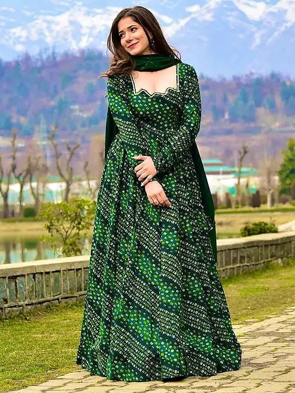 Heavy Rayon Digital Printed Fully Flared Anarkali Style Festival Wear Gown With Dupatta