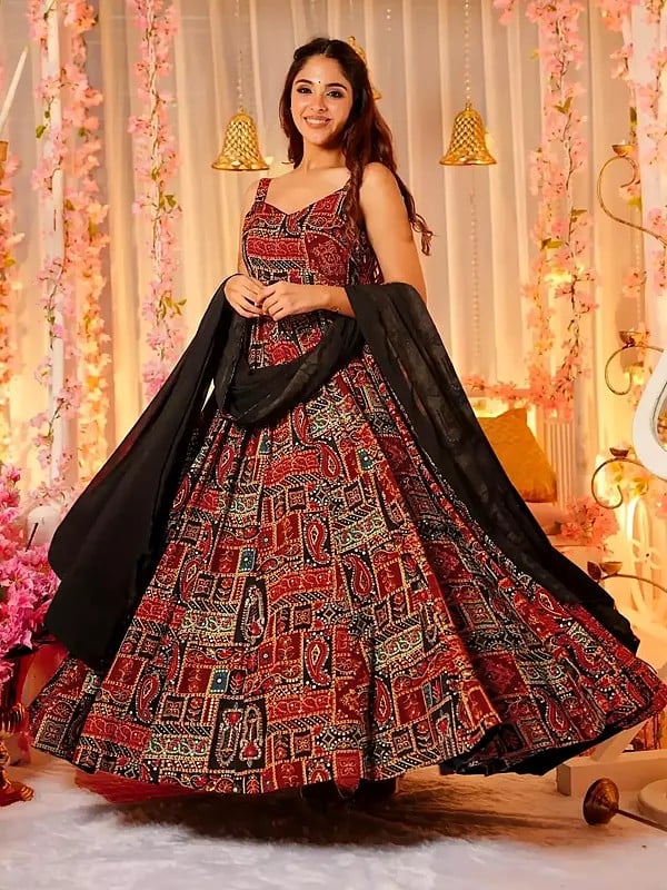 Brownish-Red Digital Printed Fully Flared Anarkali Style Festival Wear Heavy Rayon Gown With Dupatta