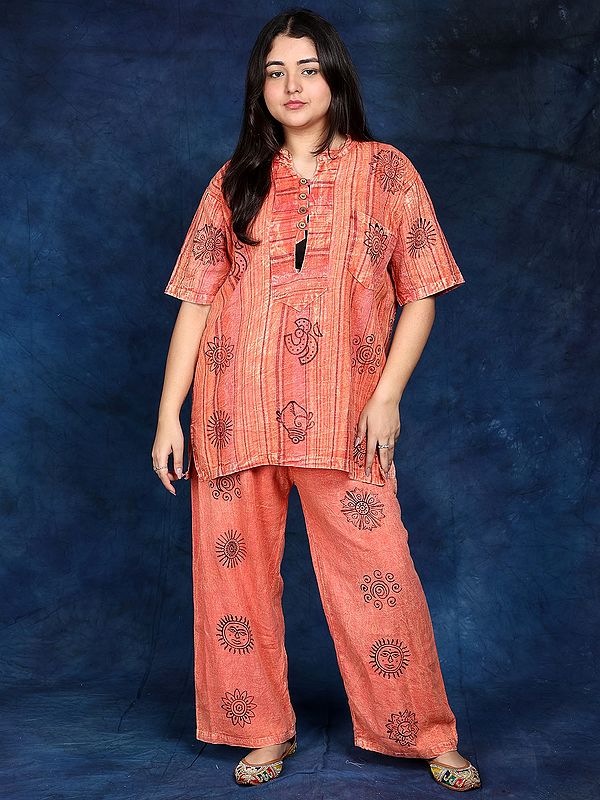 Cotton Palazzo Co-Ord Set with Block Printed Auspicious Symbols