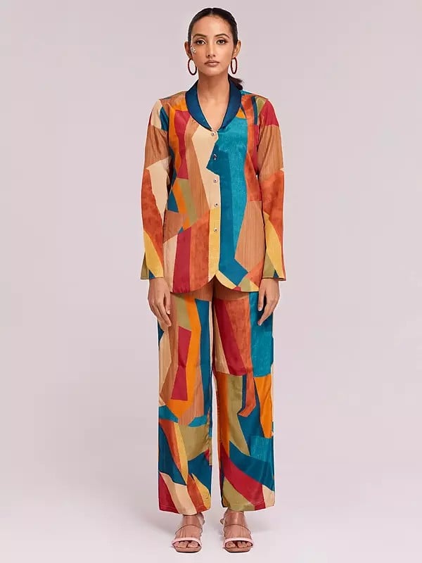 Multicolor Crepe Printed Blazer And Pant Co-Ord Set For Casual Occasion