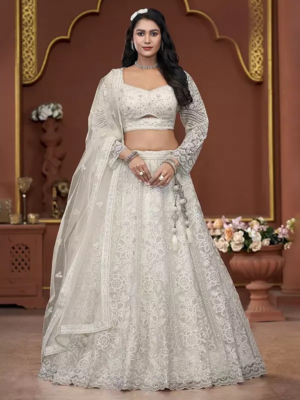 All Over Zarkan Work Net Premium Net Floral Design Wedding Wear Lehenga Choli With Matching Dupatta