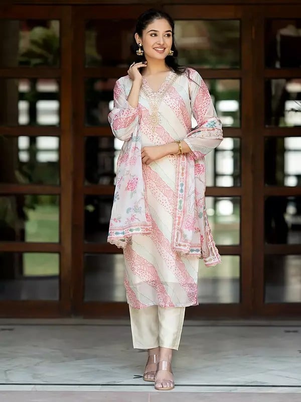 Buttery-White Organza Silk Floral Printed Festive Wear Kurta With Bottom And Organza Dupatta