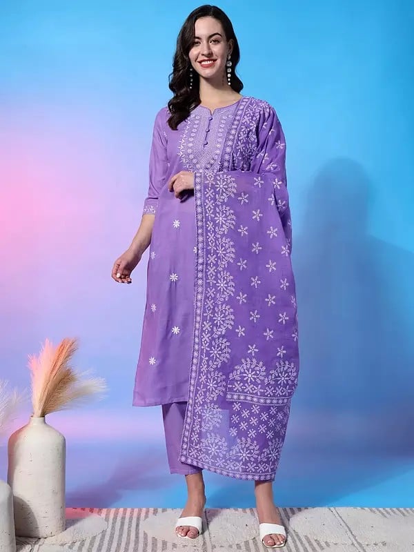 Lavender-Purple Cotton Blend Embroidery Work Festive Wear Kurta With Bottom And Pure Silk Dupatta