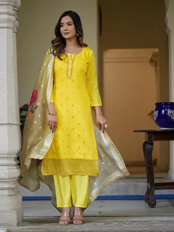 Banana-Yellow Printed And Thread Work Viscose Organza Kurta With Bottom And Jacquard Silk Dupatta