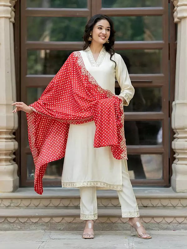 Sequins Work Chanderi Silk Attractive Festive Wear Kurta With Bottom And Silk Blend Printed Dupatta