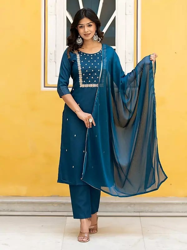 Floral Embroidery Work Cotton Blend Designer Kurta With Bottom And Art Silk Dupatta