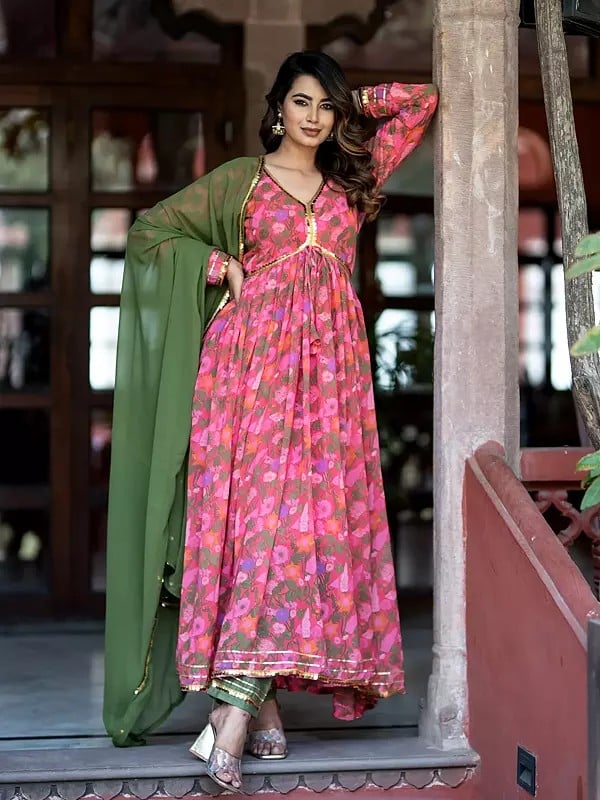 Rosy-Pink Georgette All Over Floral Print Anarkali Style Kurta With Bottom And Attractive Dupatta