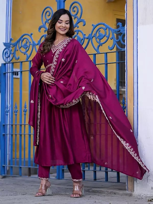 Plum-Velvet Embroidery And Sequins Work Art Silk Anarkali Style Kurta With Bottom And Matching Dupatta