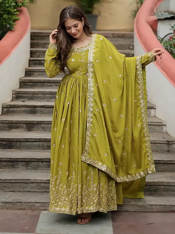 Sequins And Embroidery Work Chinon Kurti And Sharara With Dupatta For Festive Occasion
