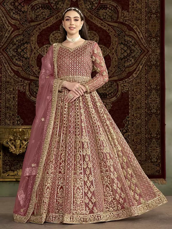 Net Heavy Sequins And Embroidery Work Attractive Wedding Wear Gown With Dupatta