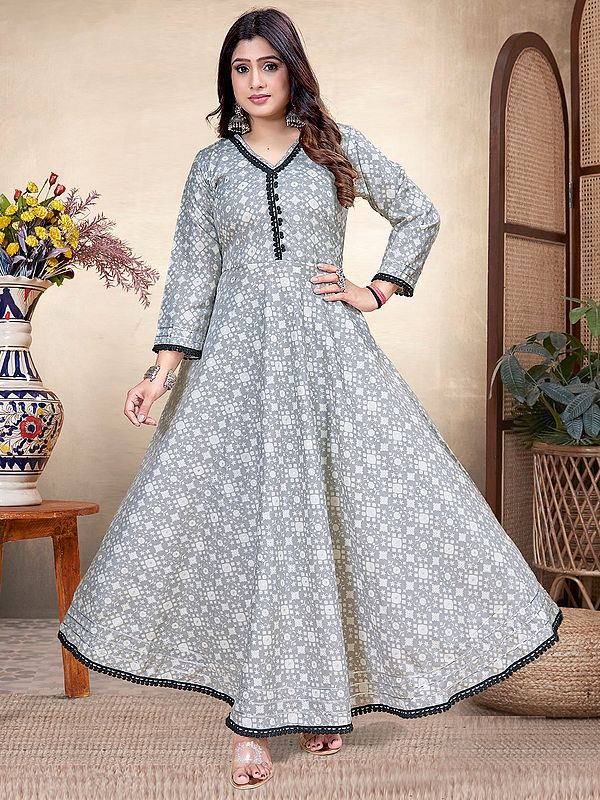 Embroidery Work And Digital Print Rayon Designer A-Line Party Wear Gown