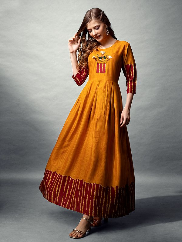 Carrot-Orange Attractive Floral Embroidery And Printed Party Wear A-Line Long Rayon Gown