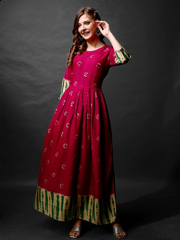 Purplish-Red Designer All Over Printed Motifs Party Wear A-Line Long Rayon Gown