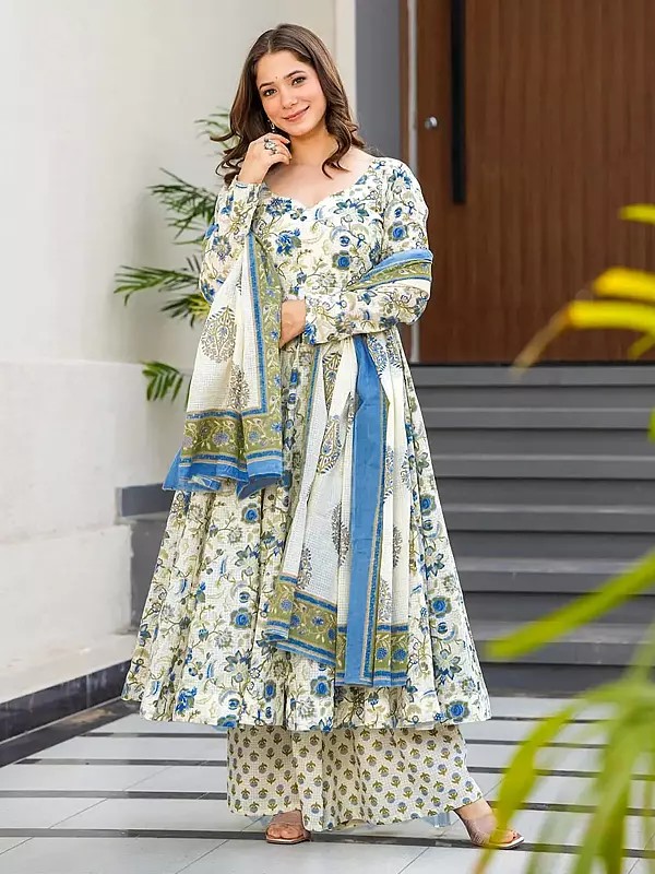 All Over Floral Digital Print Fully Flared Anarkali Pure Muslin Kurti And Bottom With Dupatta