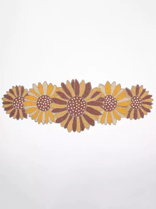 Golden Daisy Floral Bead Embroidered Dining Table Runner