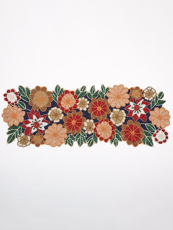 Multicolor Floral Table Runner with Glass Beads Embroidery