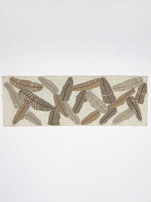 Snow-White Rectangle Shaped Table Runner with Bead Embroidered Leaves