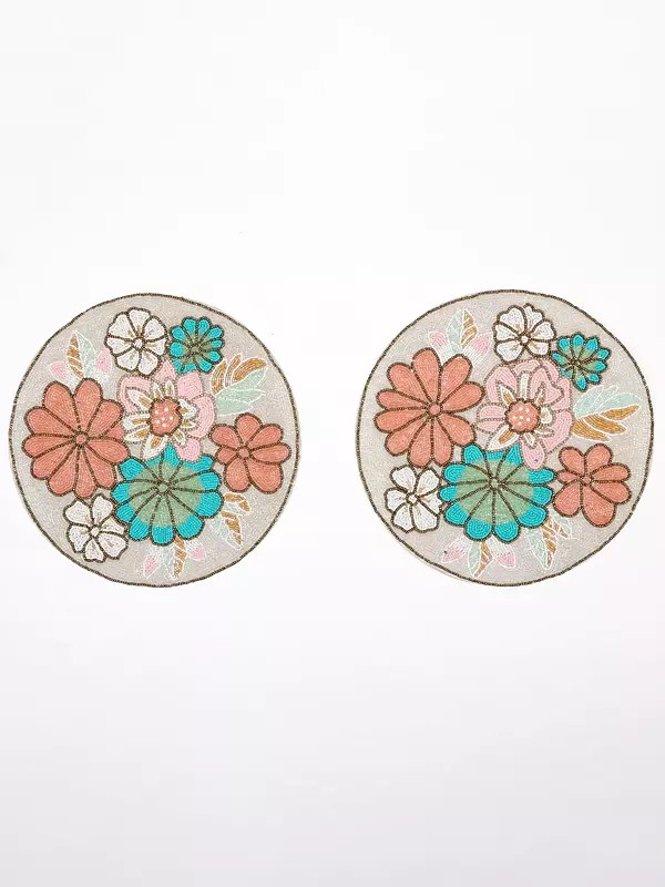 Beaded Embroidered Floral Round Table Mat (Set of 2)