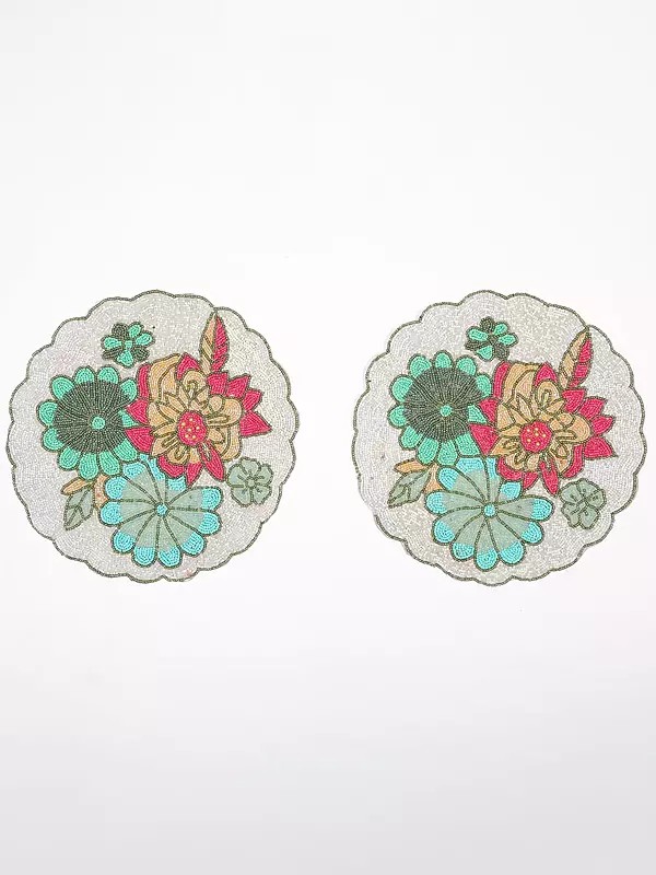 Scalloped Border Round Table Mat with Beads Embroidery (Set of 2)