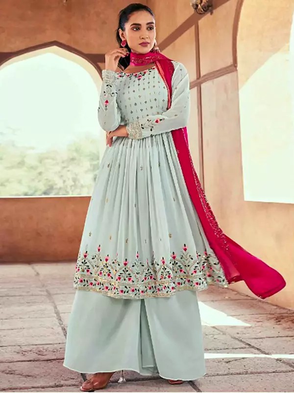Thread And Sequins Embroidery Work Designer Palazzo Suit With Dupatta For Festival Occasion