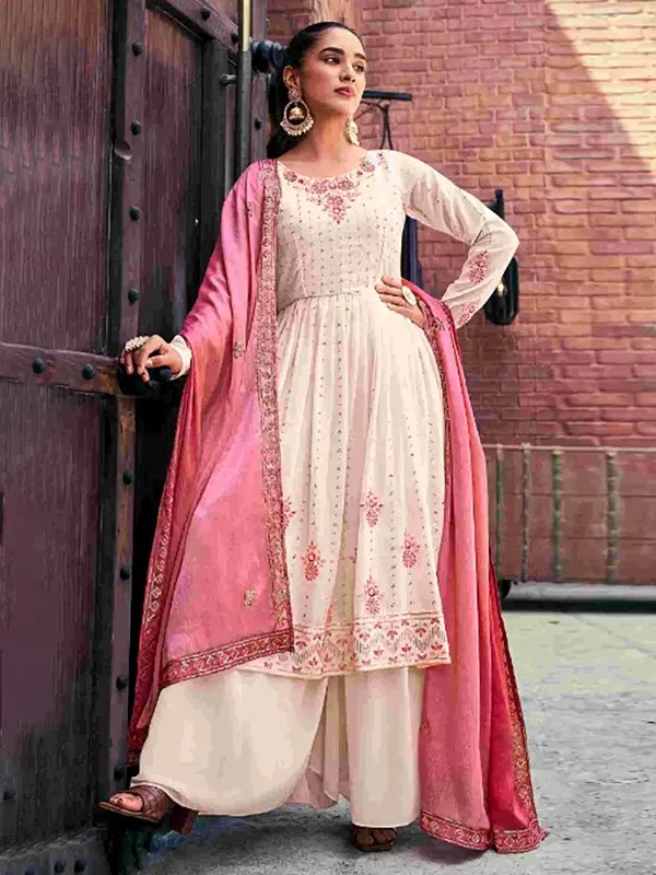 Floral Embroidery And Sequins Thread Work Palazzo Suit With Dupatta For Casual Occasion