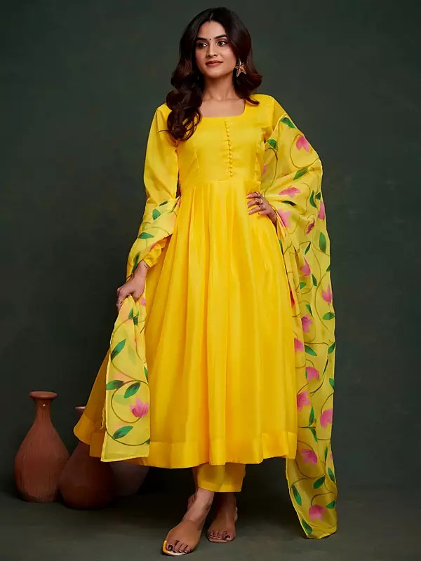 Bright-Sun Attractive Solid Viscose Organza Festive Wear Designer Suit With Floral Dupatta